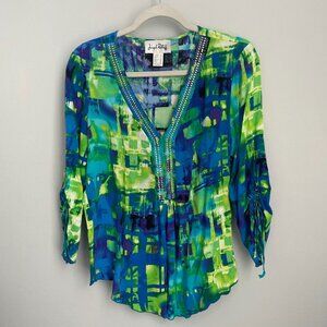 Joseph Ribkoff Women’s Size 12 Blue Green Rhinestone Top Blouse Three Quarter
